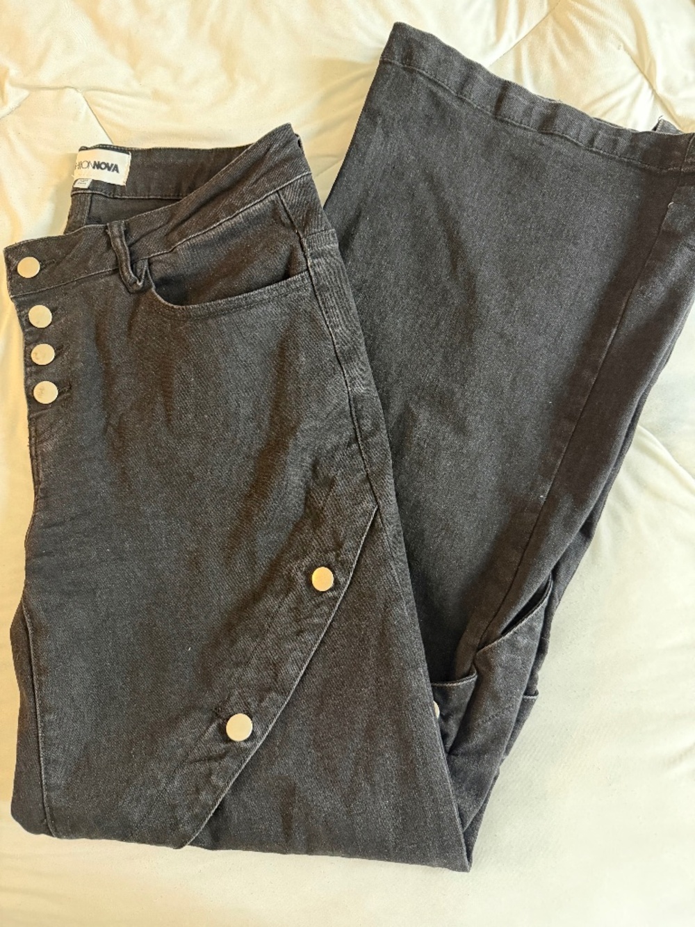 Fashion Nova Upgrade You Black Stretch Wide Leg Button Jeans